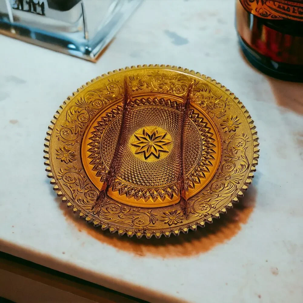 Vtg Amber Indiana Glass Divided Platter Scalloped Edge Sandwich Relish Tray